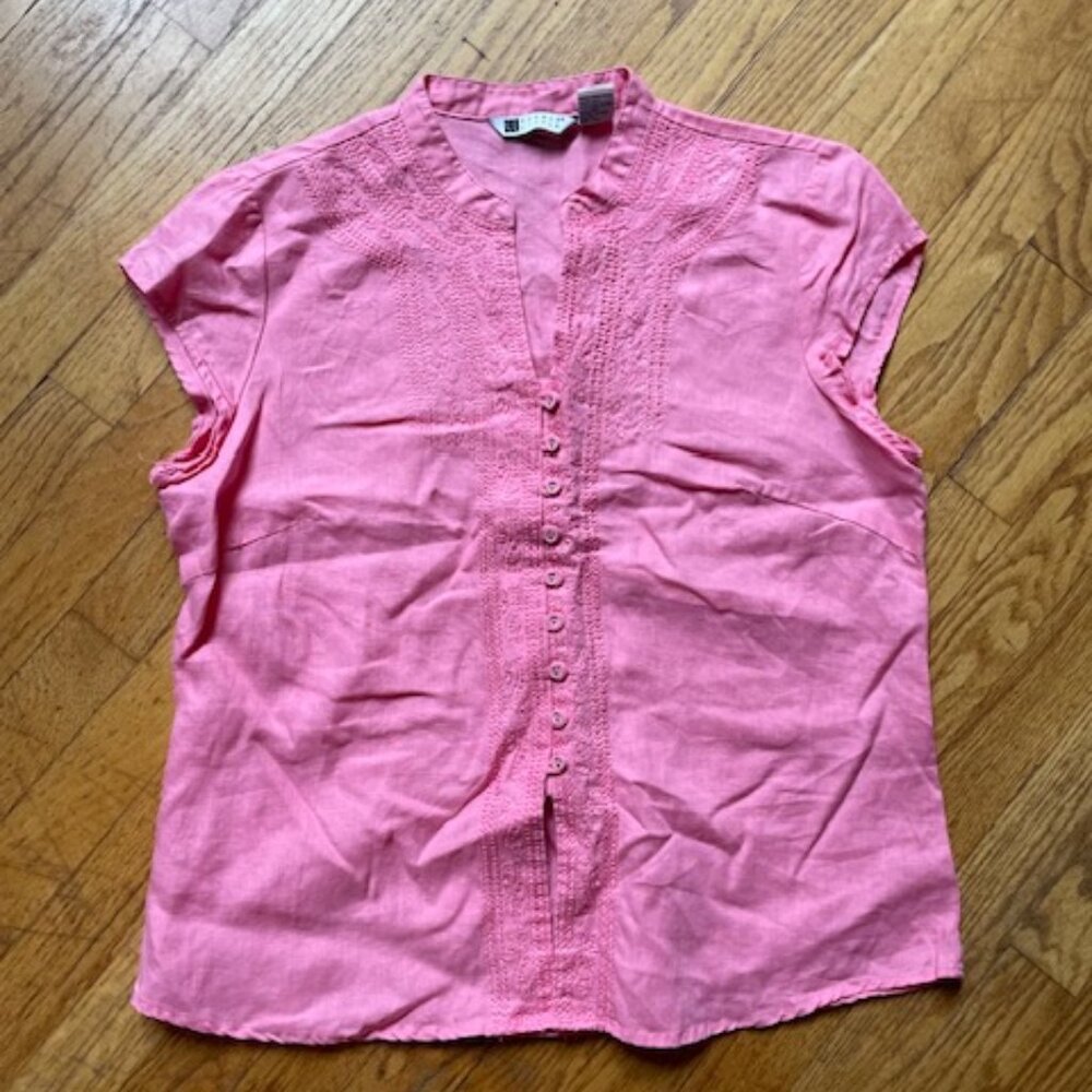 Carole Little Linen Embroidered Button Up Top